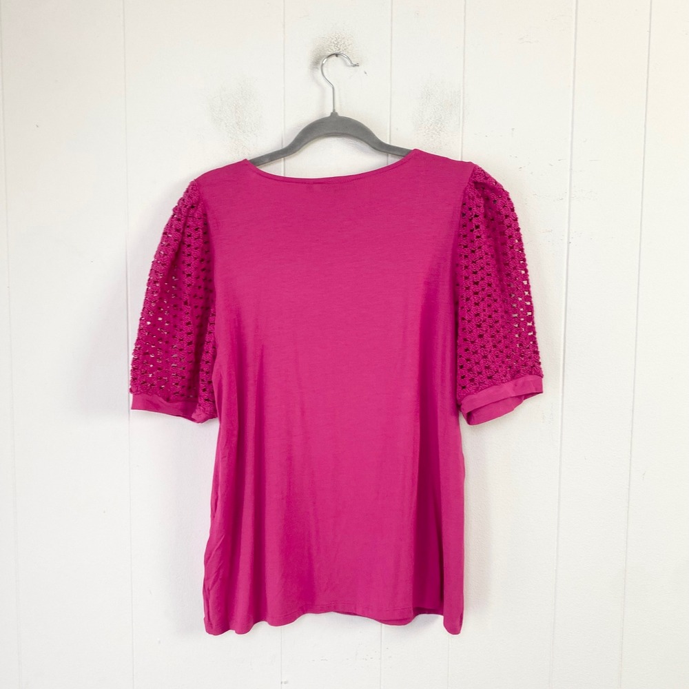 NWT Chicos Touch of Cool Lace Puff Sleeve Tee Pink Square Neck Top Sz 2 US Sz L - Picture 2 of 7